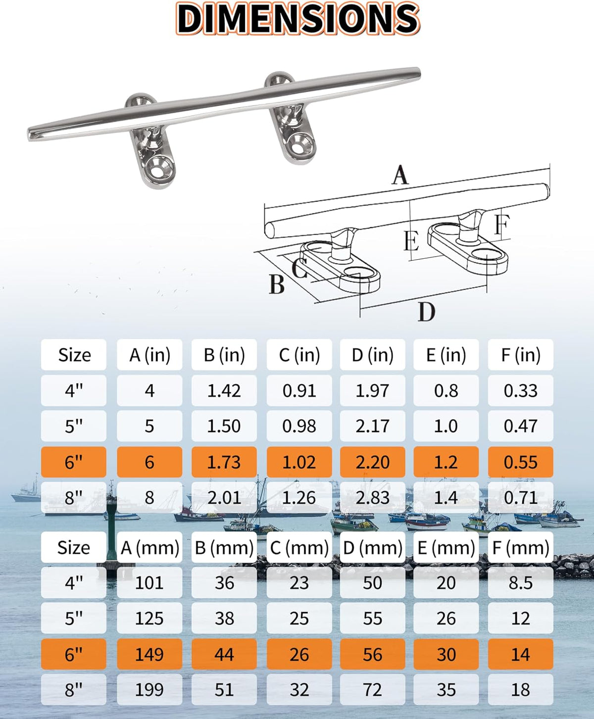 OULEME 4" 5" 6" 8" Boat Cleat, 316 Stainless Steel Open Base Dock Cleat, Marine Grade Rope Cleat with Fasteners for Deck Mooring and Nautical Decor, 2-Pack/4-Pack