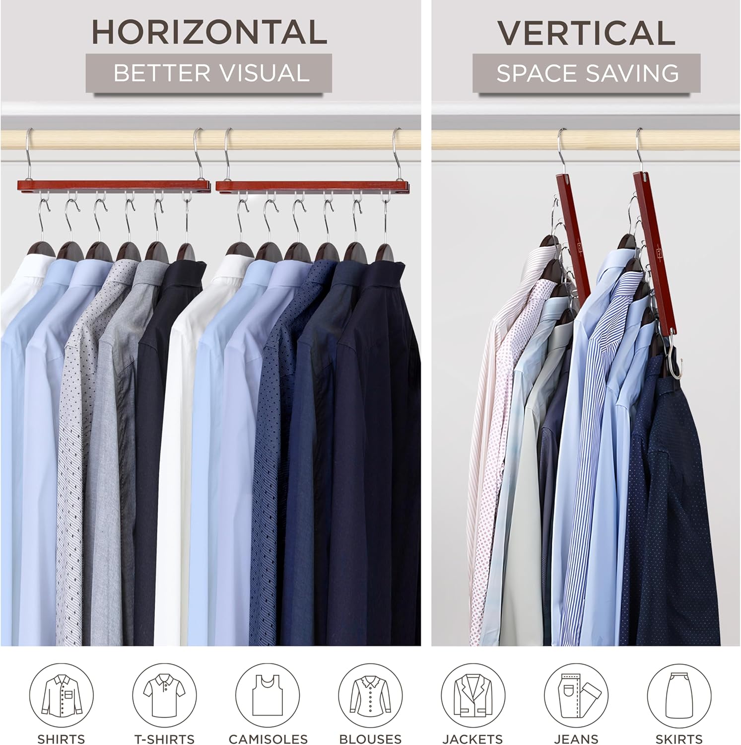 Space Saving Hangers for Closet – 4 Pack European Beechwood 6-Tier Shirt Organizer with 360° Swivel Hook –