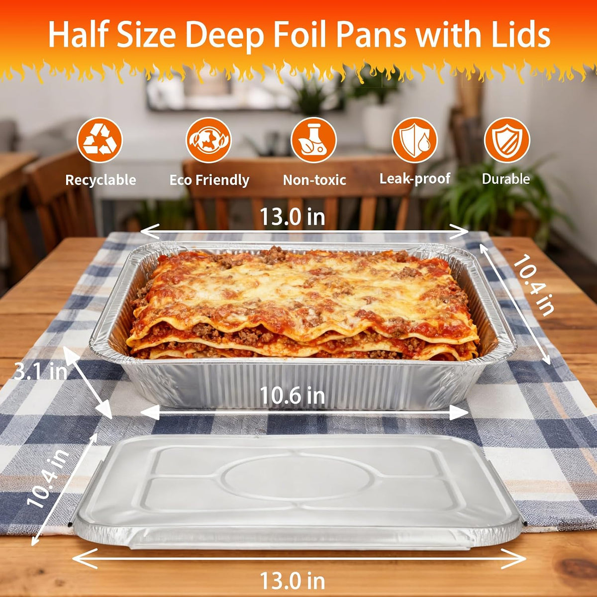9x13 Aluminum Foil Pans with Lids Disposable, 10 Pack Tin Foil Turkey Sheet