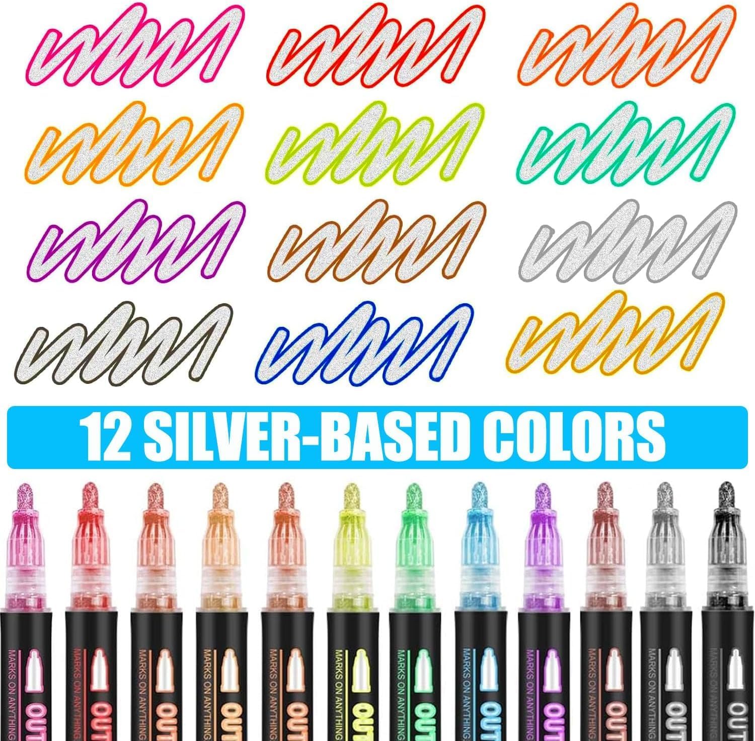 Outline Marker Self-outline Metallic Markers, 12 Colors Squiggles Shimmer Outline Markers Pen Set for Drawing Art