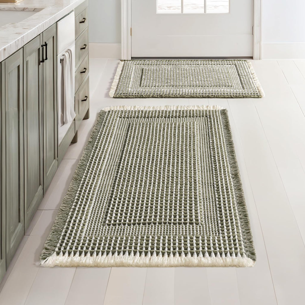 Set of 2 Waffle Bathroom Rugs Green&Cream Boho Bath Mat 17x24+18x30 | Looped Design, Super Absorbent, Non Slip