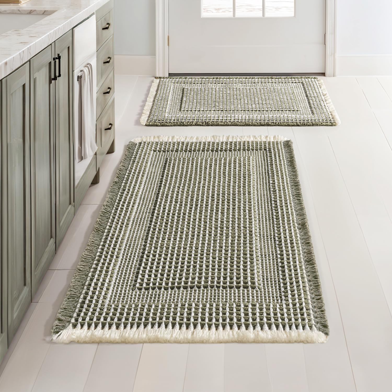Set of 2 Waffle Bathroom Rugs Green&Cream Boho Bath Mat 17x24+18x30 | Looped Design, Super Absorbent, Non Slip