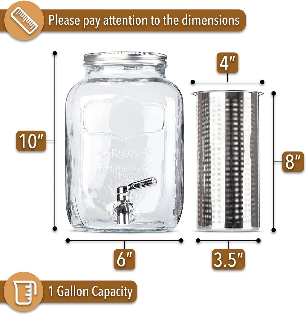 BTaT- 1 Gallon Cold Brew Coffee Maker, Thick Glass Pitcher | Stainless Steel Filter, Lid & Spigot Iced Coffee Sun Tea