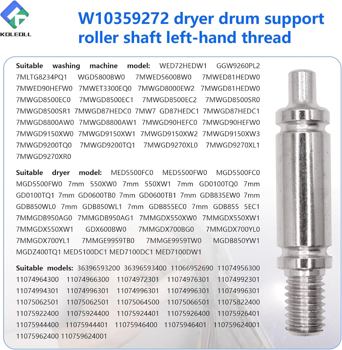 2PC W10359272 Rear Dryer Drum Roller Axle Shaft Left Hand Threads