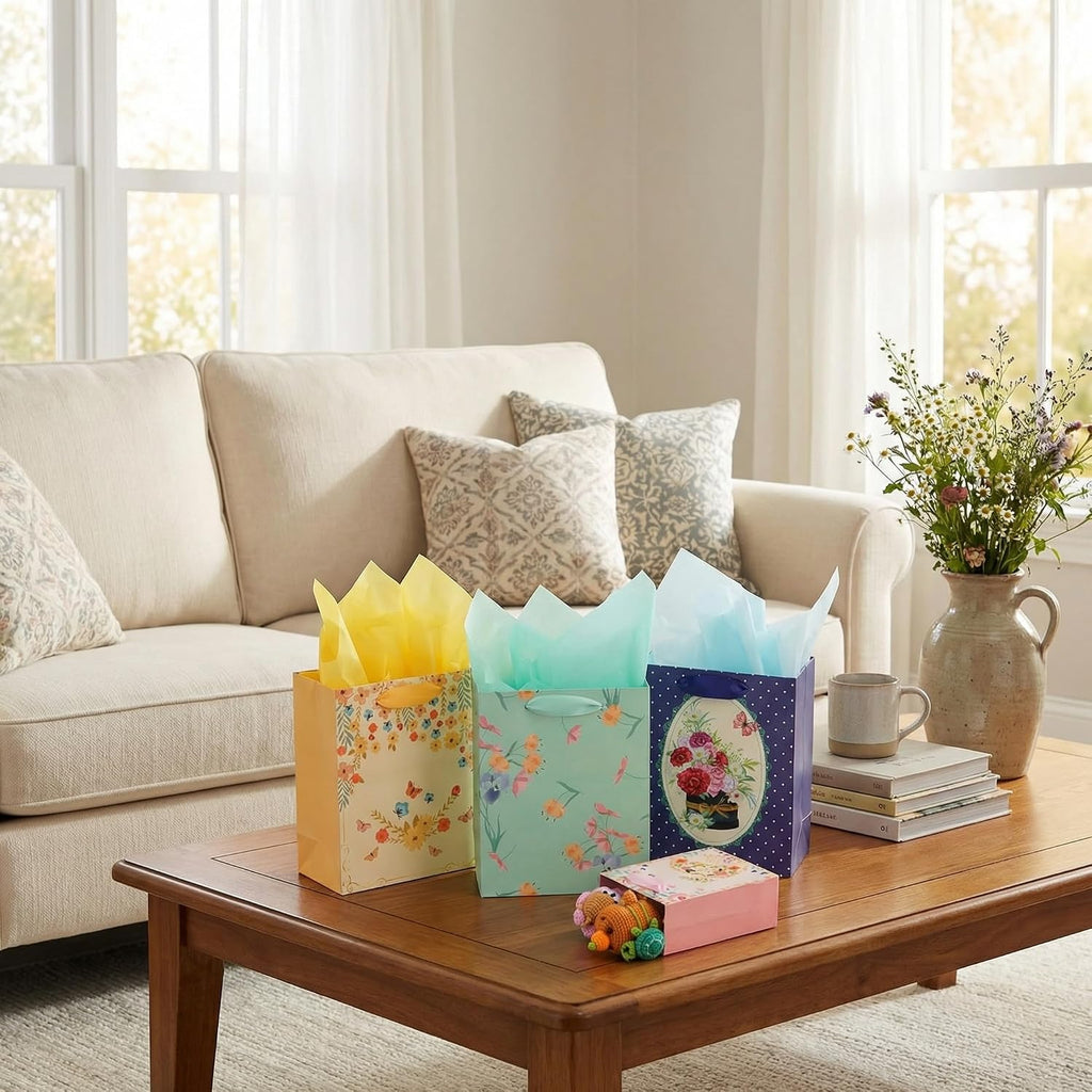 8 Pack Floral Kraft Gift Bags Assorted Sizes with Tissue Paper