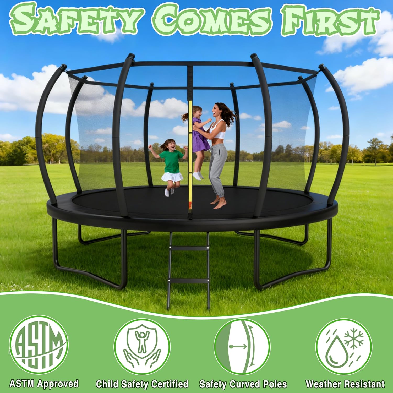 14FT Trampoline Outdoor for Kids with Safety Enclosure Net and Ladder, ASTM Approved Recreational Trampoline