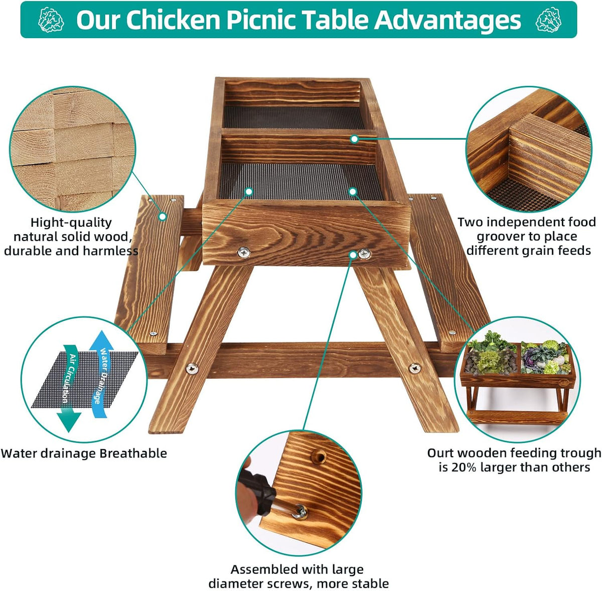 Chicken Table No Waste, Chicken Picnic Feeder Handmade Carbonized Wooden, Large DIY Chicken Feeder Kit, Wild Bird