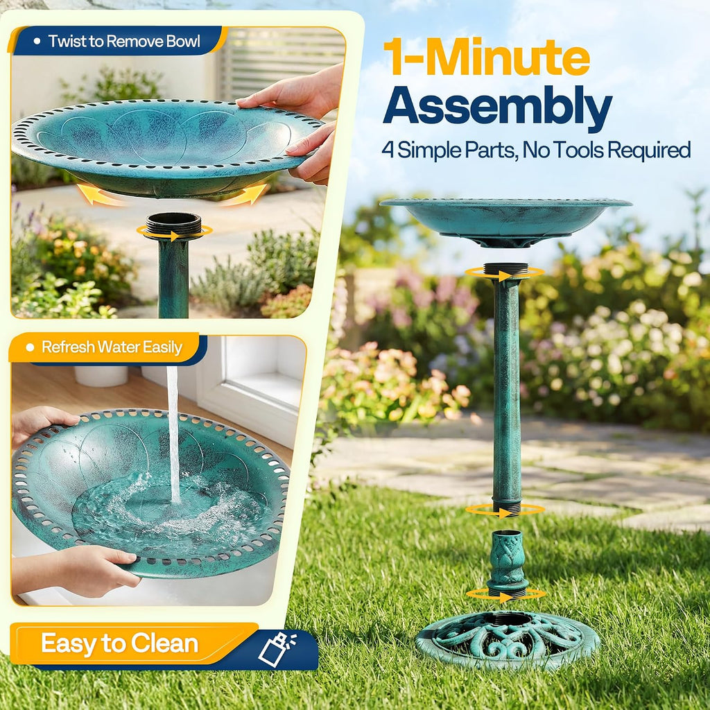 Bird Bath with Solar Fountain for Outside, Pedestal, Green