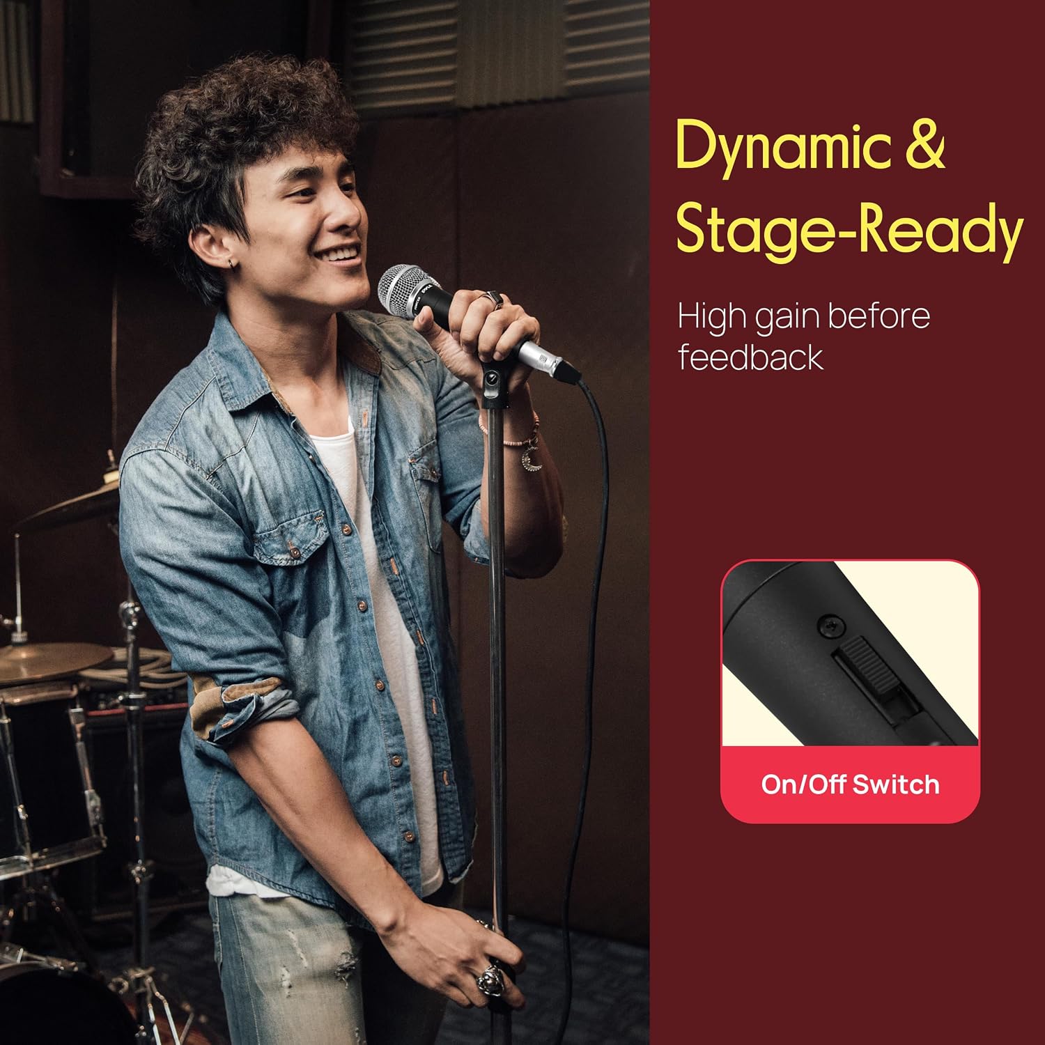 Professional Dynamic Vocal Microphone - Moving Coil Dynamic Cardioid Unidirectional Handheld Microphone with ON/OFF