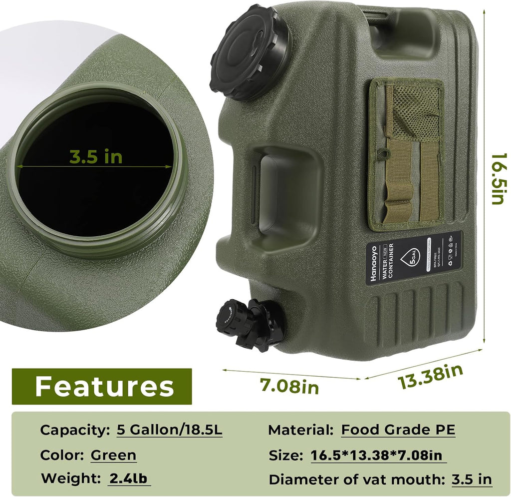 5 Gallon Camping Water Jug, Water Container BPA Free, Water Storage with Tool Bag & Spigot, Portable Water Tank