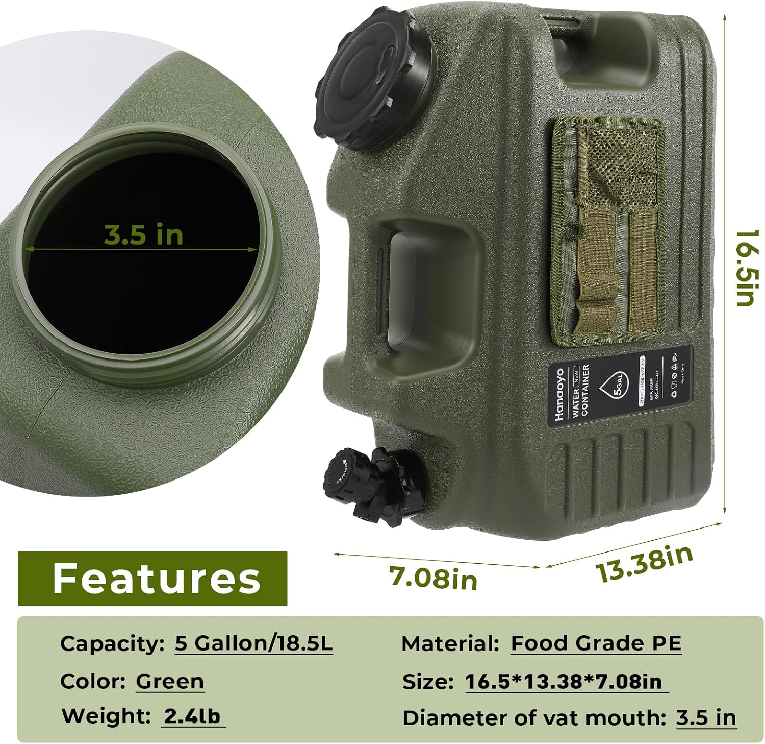 5 Gallon Camping Water Jug, Water Container BPA Free, Water Storage with Tool Bag & Spigot, Portable Water Tank