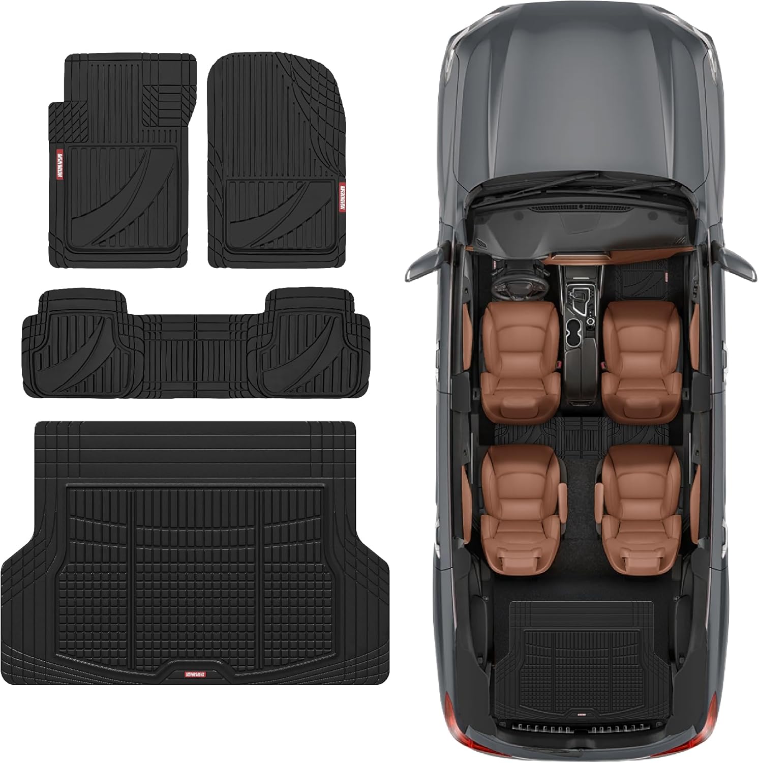 FlexTough Advanced Heavy Duty Black Rubber Car Floor Mats & Cargo Liner for SUV & Car Full Set - Universal Trim to