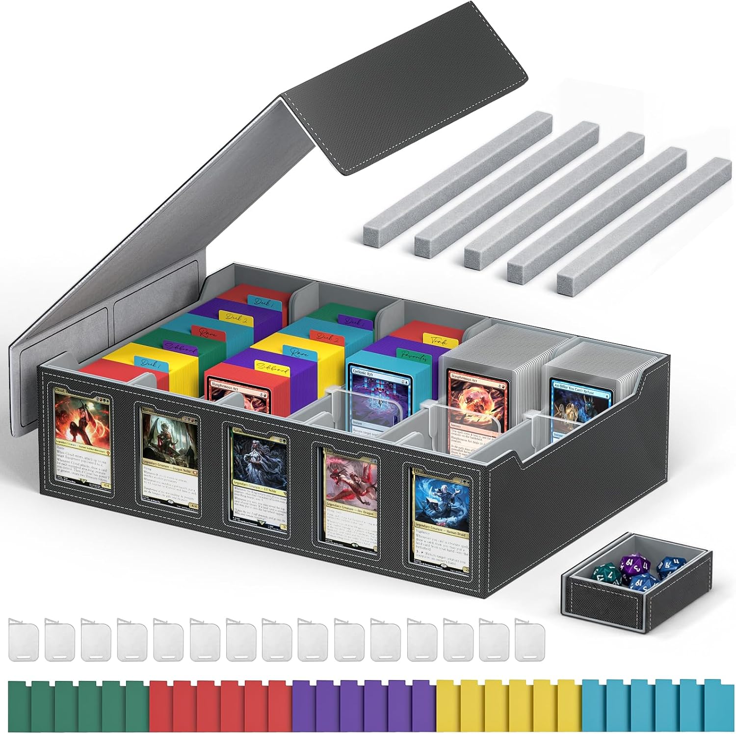 Trading Card Storage Box with Commander Display Holds 4200+ Cards | Dual-Function Magnetic Lid, Adjustable Storage
