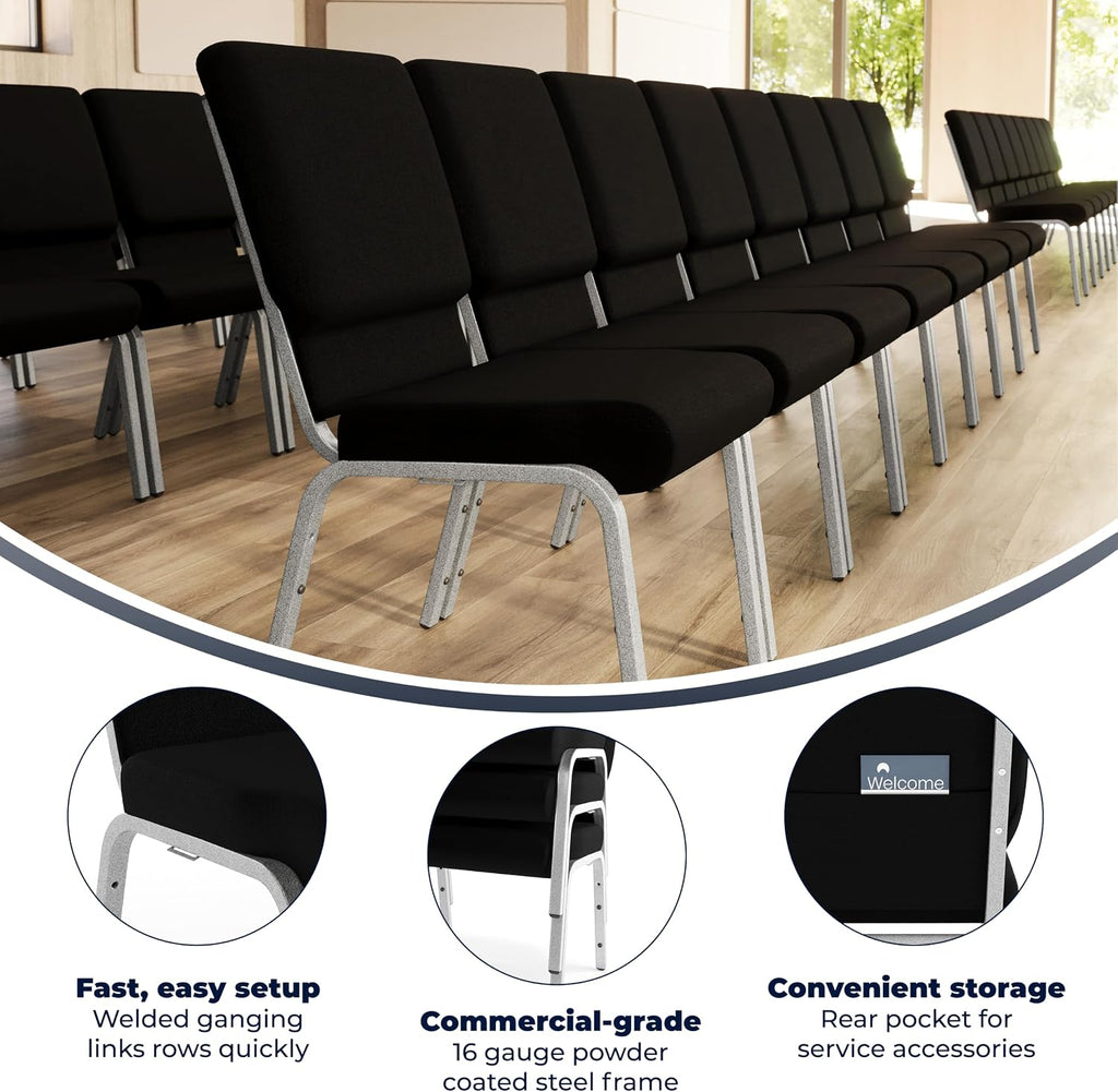 4 Pack HERCULES Series 18.5''W Stacking Church Chair in Black Fabric - Silver Vein Frame