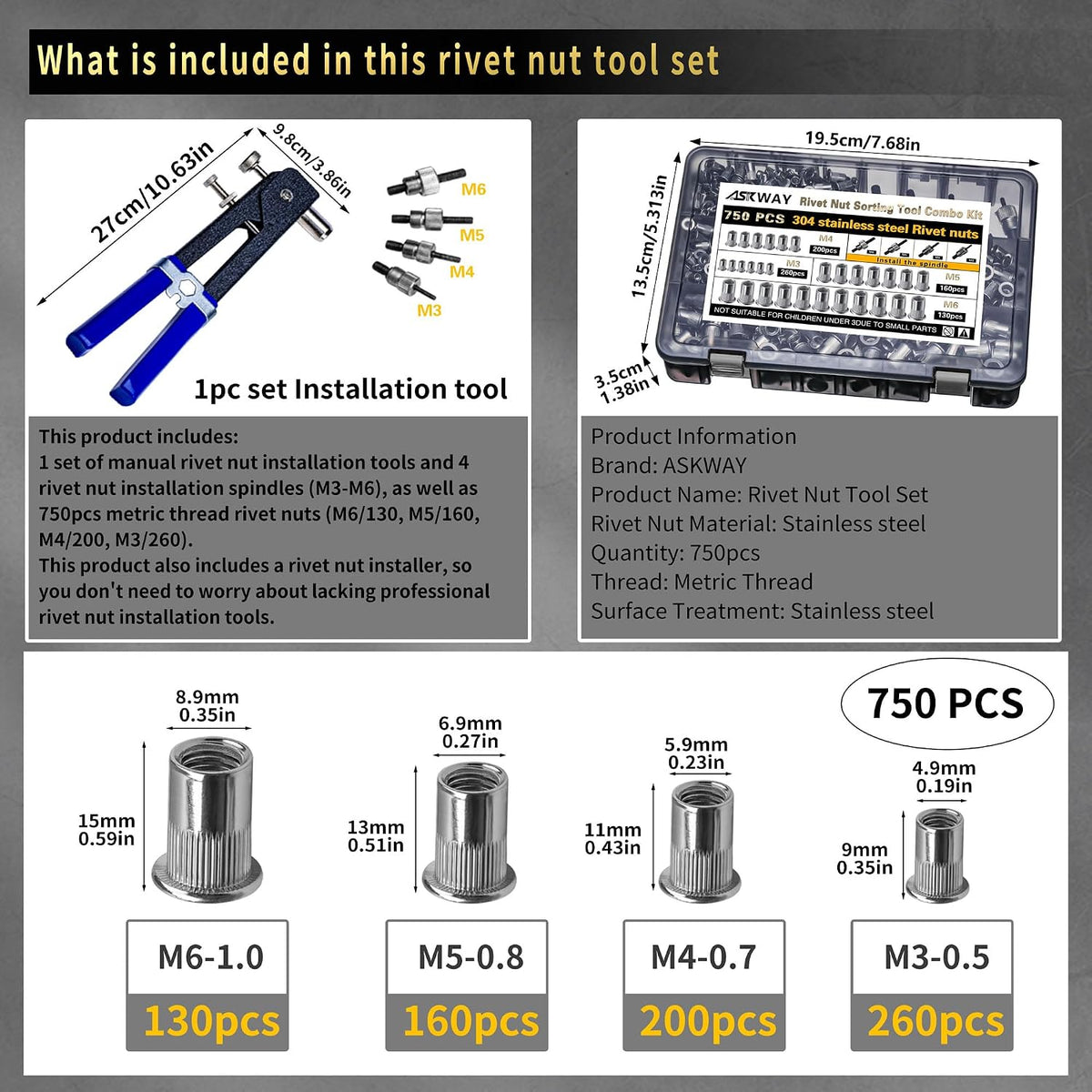 Rivet Nut Tool Kit Stainless Steel 750pcs Rivet Nut Stainless 304