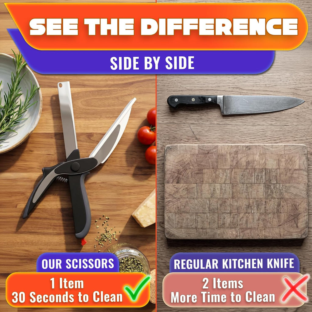 2 in 1 Kitchen Scissors for Food – Stainless Steel 9.5" Tomato Knife Chops Vegetables, Fruit, Cheese, Meat in Seconds