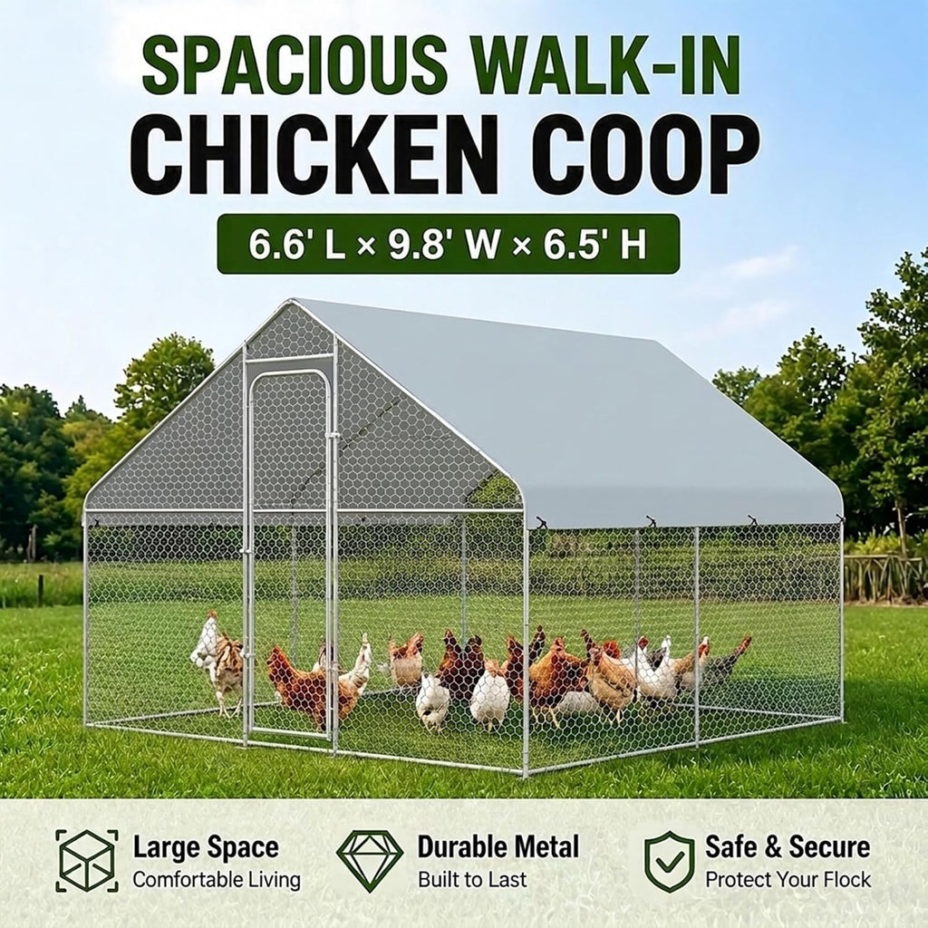 Small Metal Chicken Coop Run Walk-in 4.9'x9.8'x6.4' Duck House