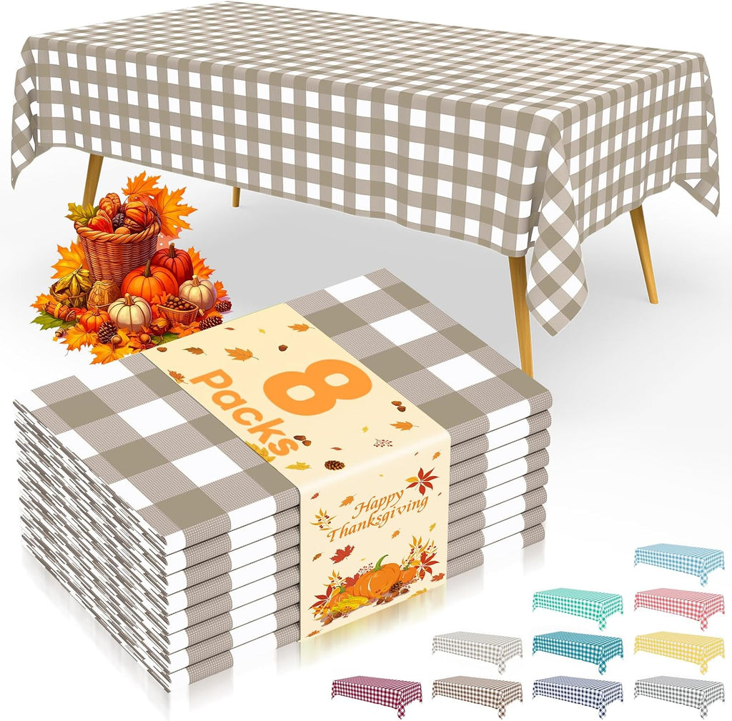 8 Packs Gingham Disposable Table Cloth, 54 x 108 Inch Waterproof Plastic Tablecloth, Rectangle Khaki and White
