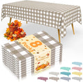 8 Packs Gingham Disposable Table Cloth, 54 x 108 Inch Waterproof Plastic Tablecloth, Rectangle Khaki and White