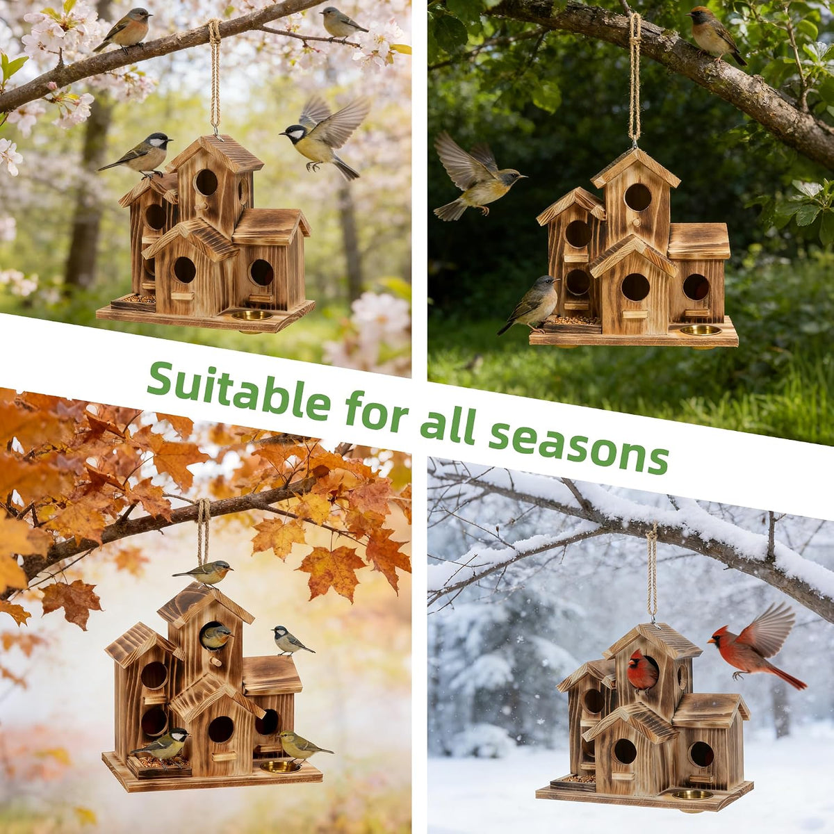 Bird House for Outside, 5 Hole Hanging Wooden Birdhouse Feeder