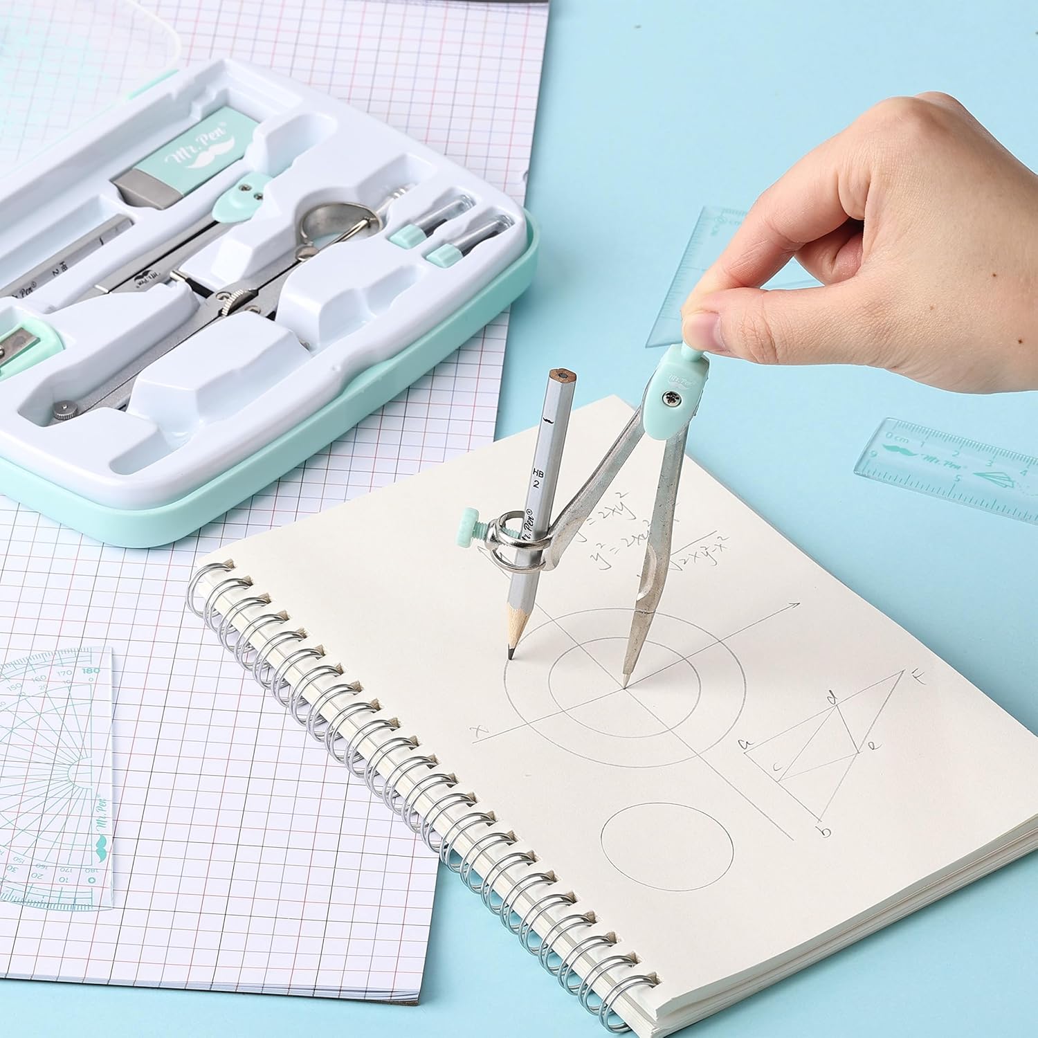 Geometry Set, 13 pcs, 3 Metal Compasses, Protractor, 6" Ruler | 45° & 30°/60° Set Squares, Pencils, Lead Refills
