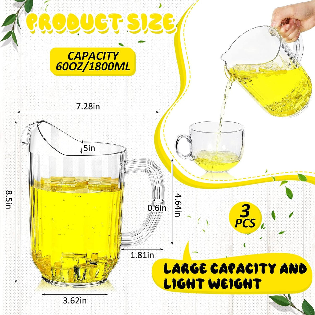 Tessco 3 Pcs Plastic Pitchers 60 Oz Clear Water Beer Jug Large,Classic