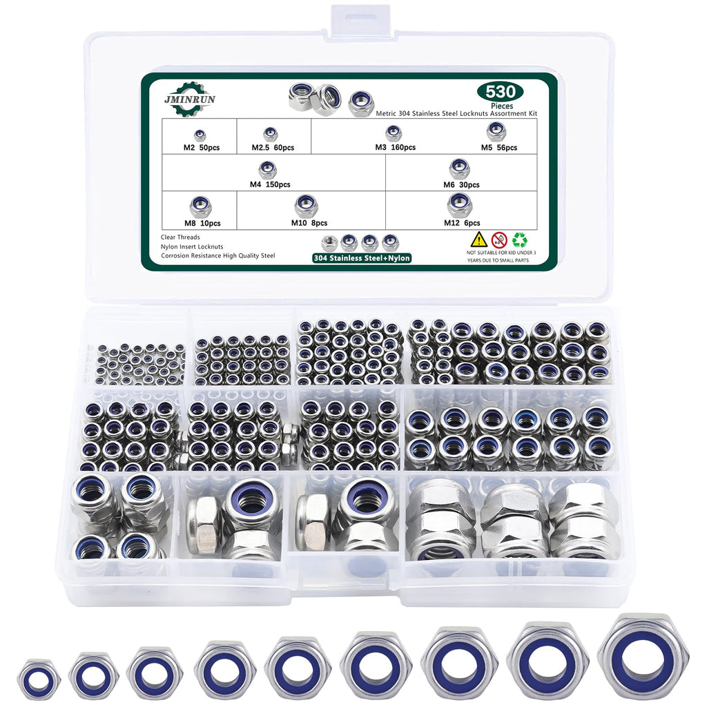 Metric Lock Nut Assortment Kit, 530PCS Nylon Insert Lock Nuts Set