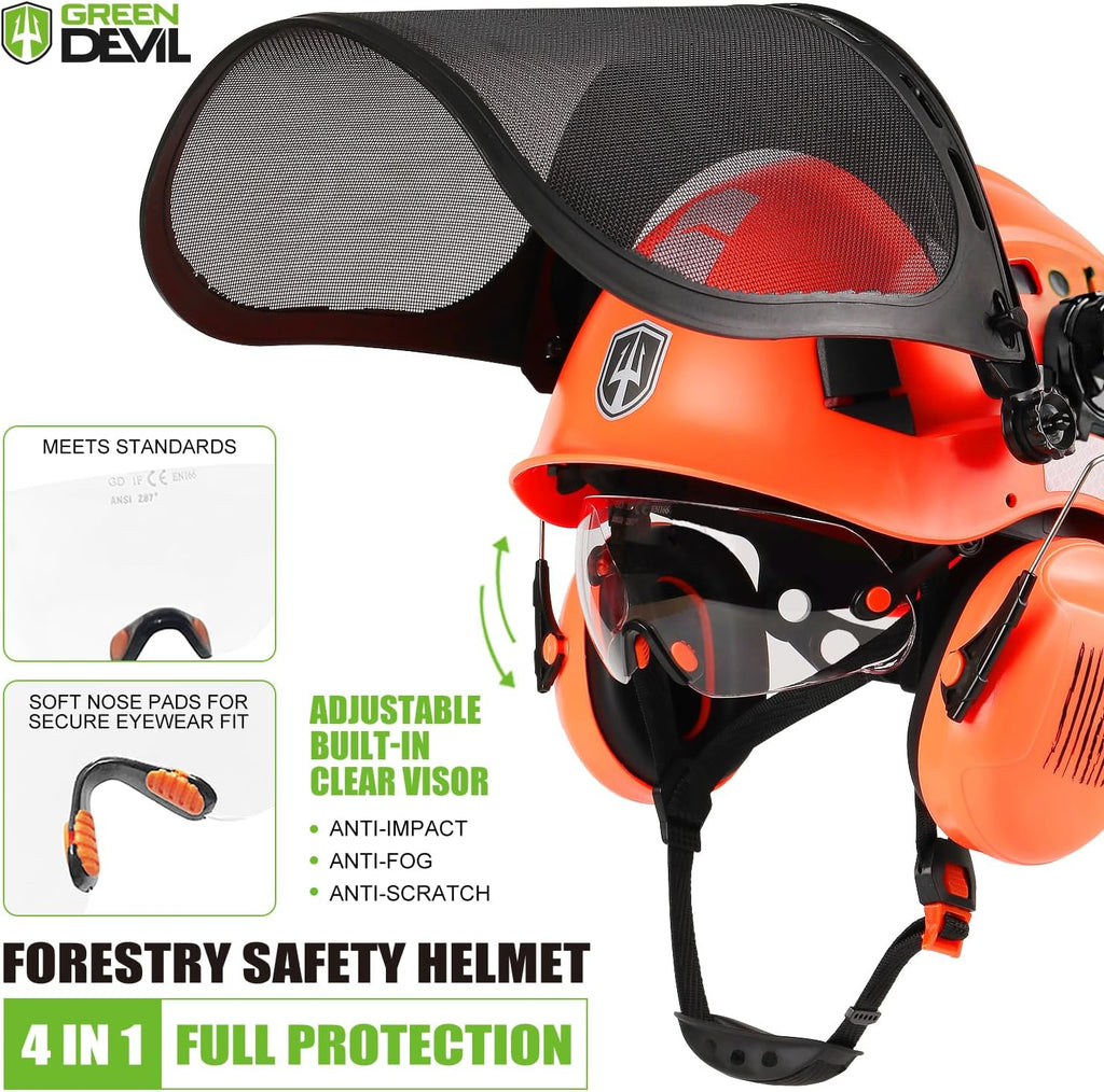 Forestry Chainsaw Safety Helmet with Mesh Face Shield Built-in Visor and Earmuffs 5 in 1 System Vented Arborist