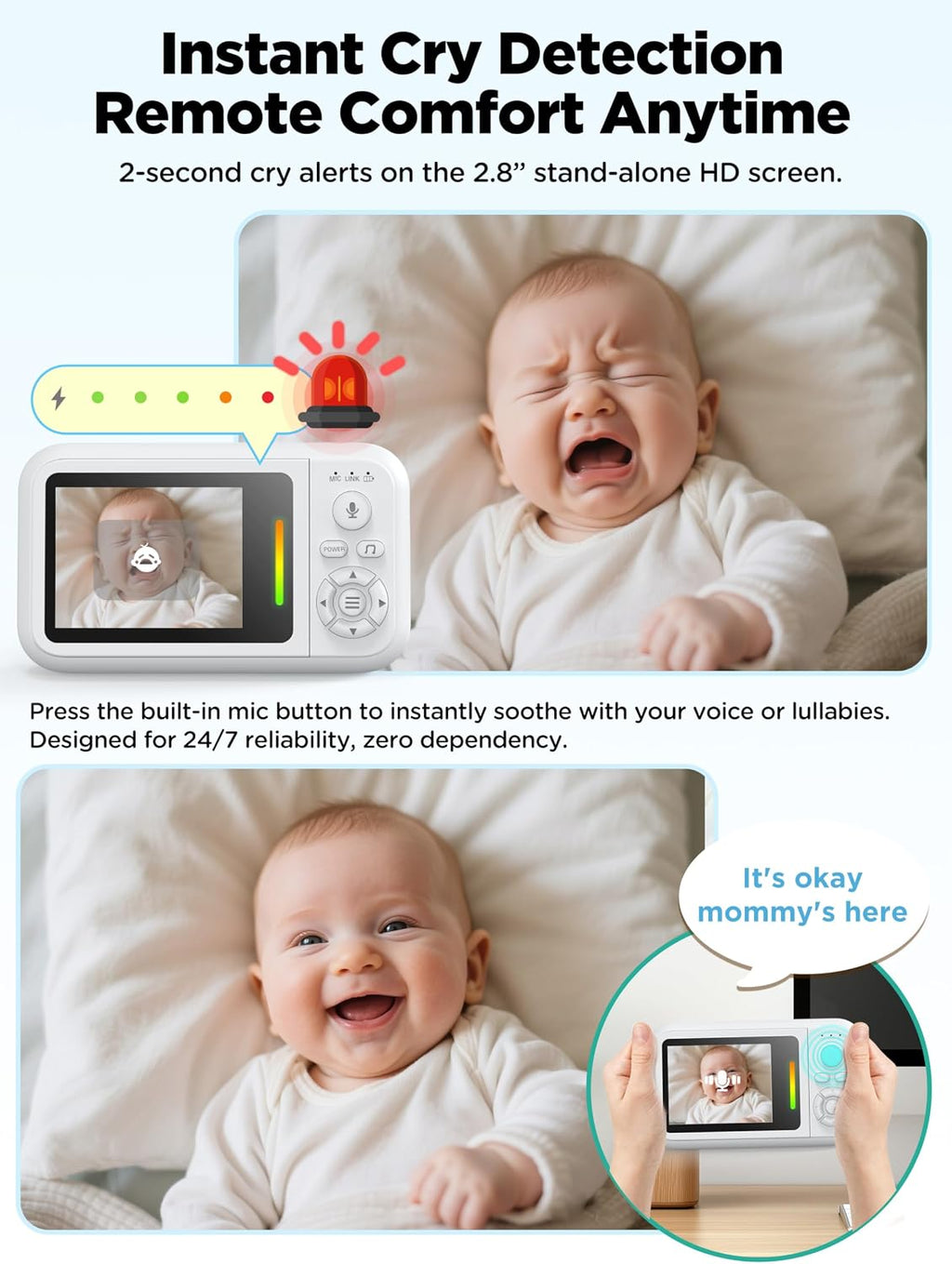 Baby Monitor with Camera and Audio No WiFi + Clip for Crib & Stand | Portable 2.8’’ HD 1080P Video Monitor, 2.4G