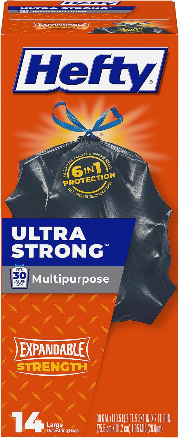 Ultra Strong 30 Gallon Trash Bags, Black, Unscented, 14ct | 30G Large Trash Bags with Drawstrings, Resists Leaks