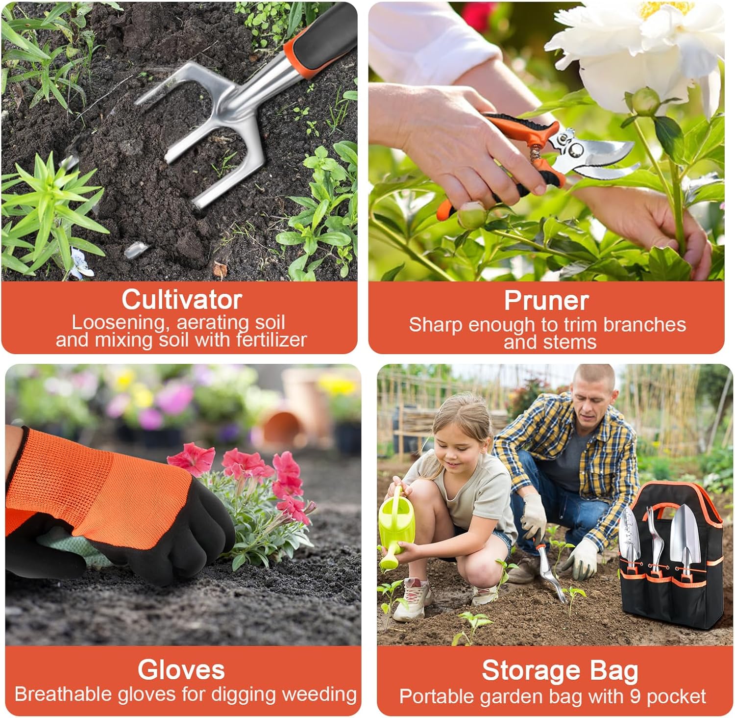 Garden Tools Set, 8 Piece Gardening Tools Set with Non Slip Ergonomic Handle, Heavy Duty Garden Tool Set with Storage