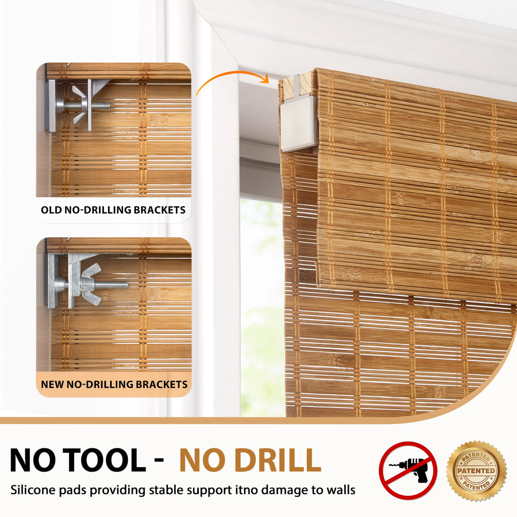 No Drill Bamboo Roman Shades, 20x64, Squirrel