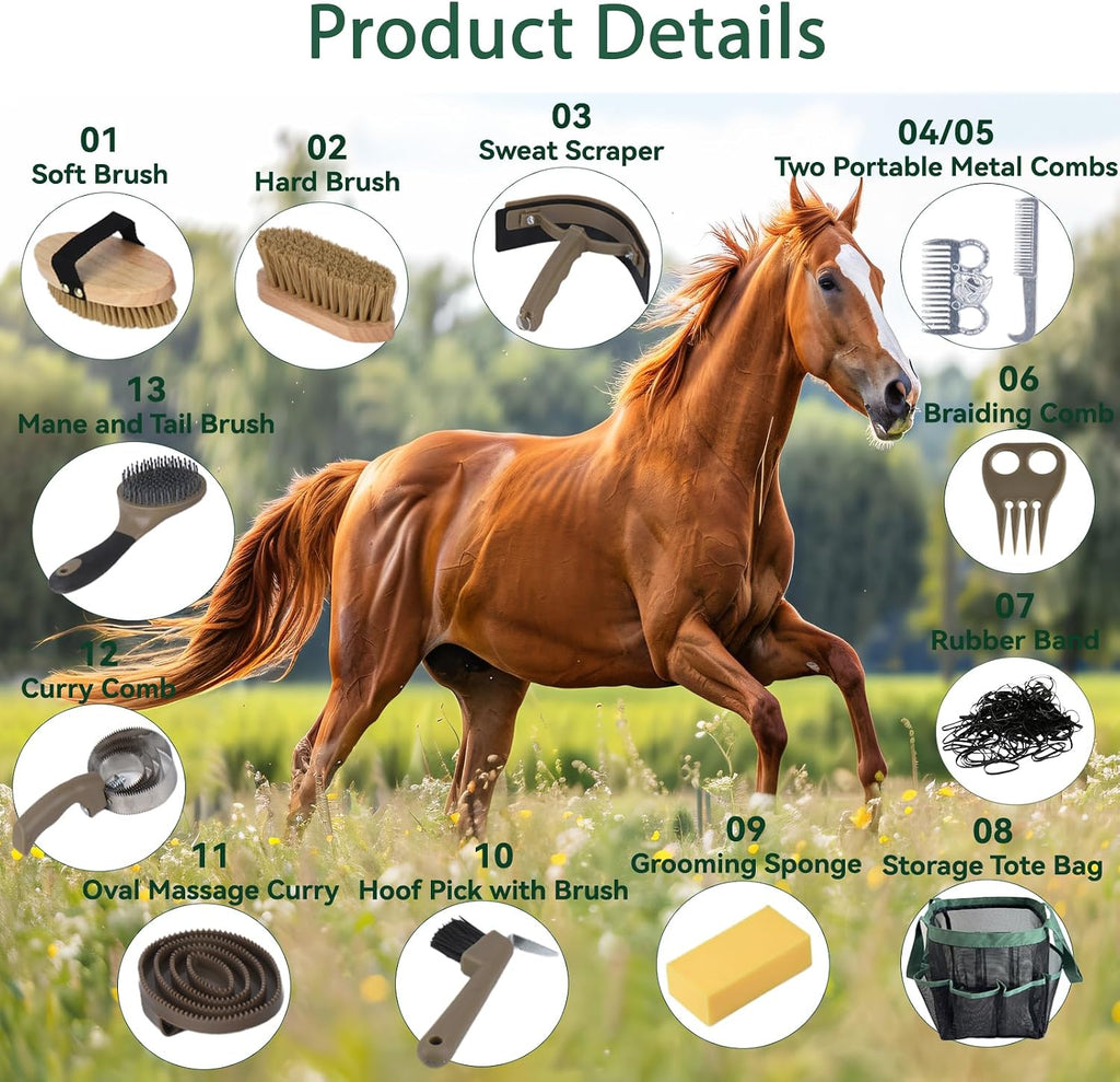 Horse Grooming Kit 13 Piece, Horse Brushes for Grooming Supplies Set with Organizer Bag, Horse Brush & Curry Comb for
