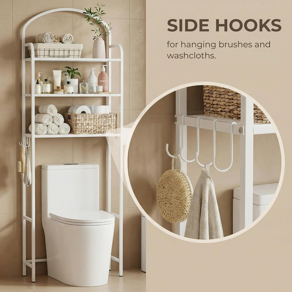 3 Tier Over The Toilet Storage Rack, Bathroom Organizer | Toilet Storage with 4 Hooks & Paper Holder, Space-Saving