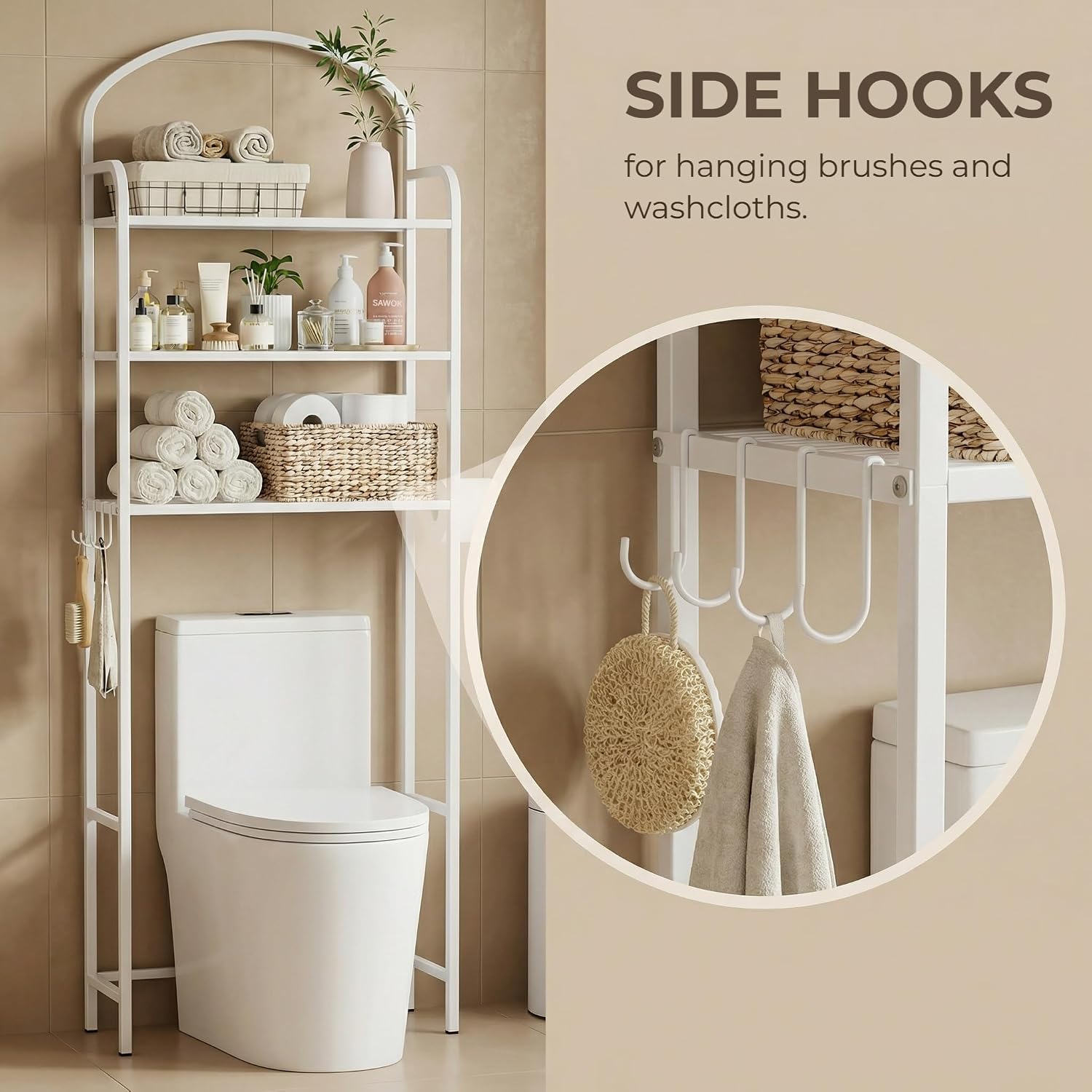 3 Tier Over The Toilet Storage Rack, Bathroom Organizer | Toilet Storage with 4 Hooks & Paper Holder, Space-Saving