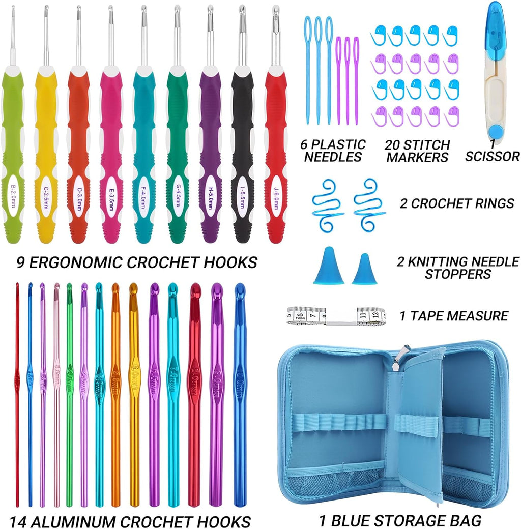 23 Sizes Crochet Hooks Set with Case | 2mm-10mm Ergonomic Crochet Needles for Arthritic Hands,Complete Crochet Kit