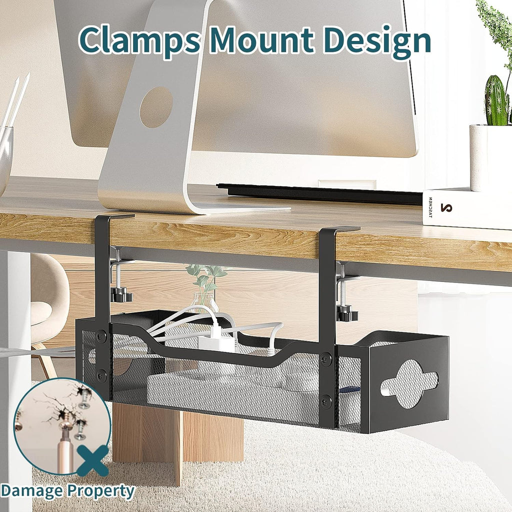 Under Desk Cable Management Tray No Drill, Metal Mesh Cable Management Under Desk with Clamp Mount, 2 Hole Cable Tray