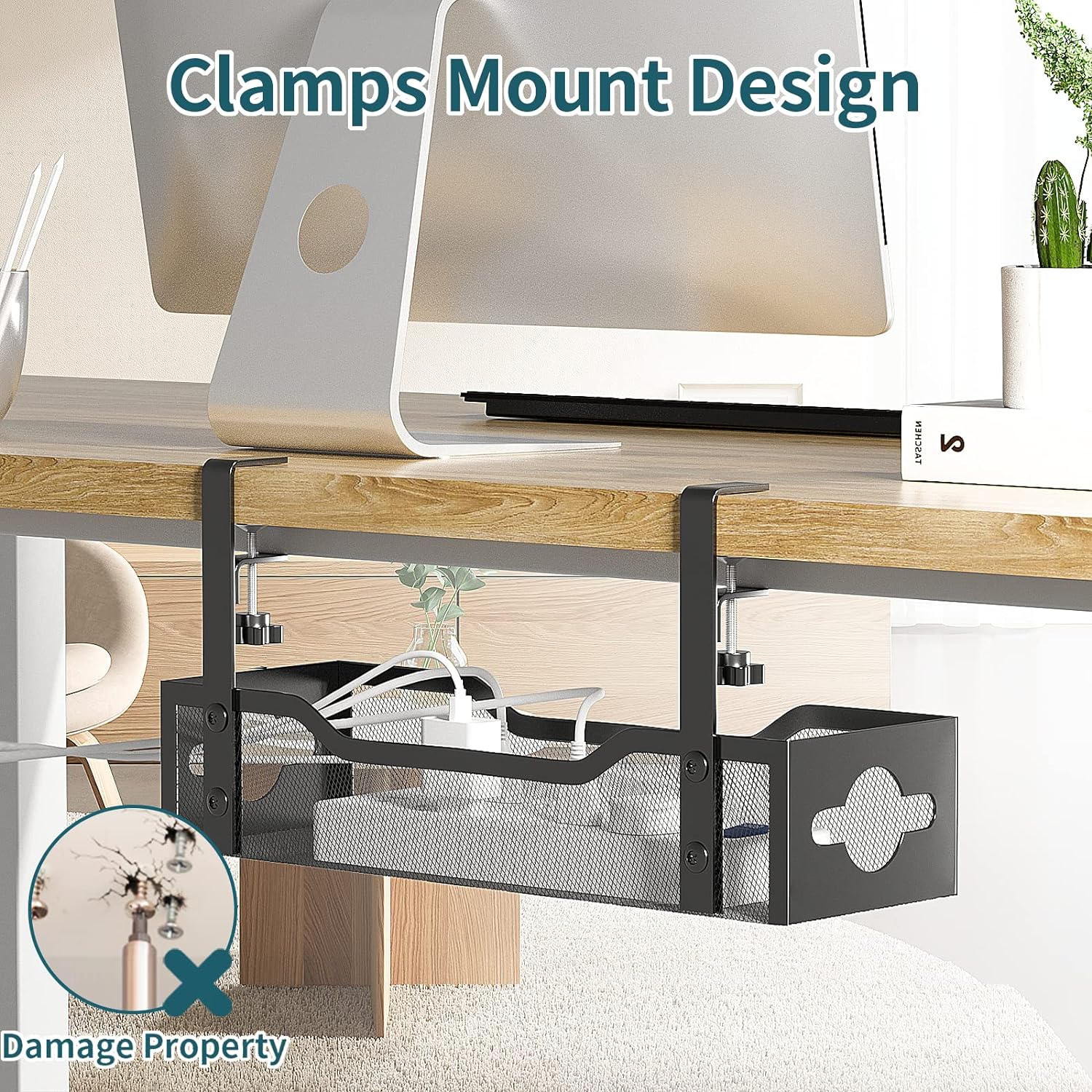 Under Desk Cable Management Tray No Drill, Metal Mesh Cable Management Under Desk with Clamp Mount, 2 Hole Cable Tray
