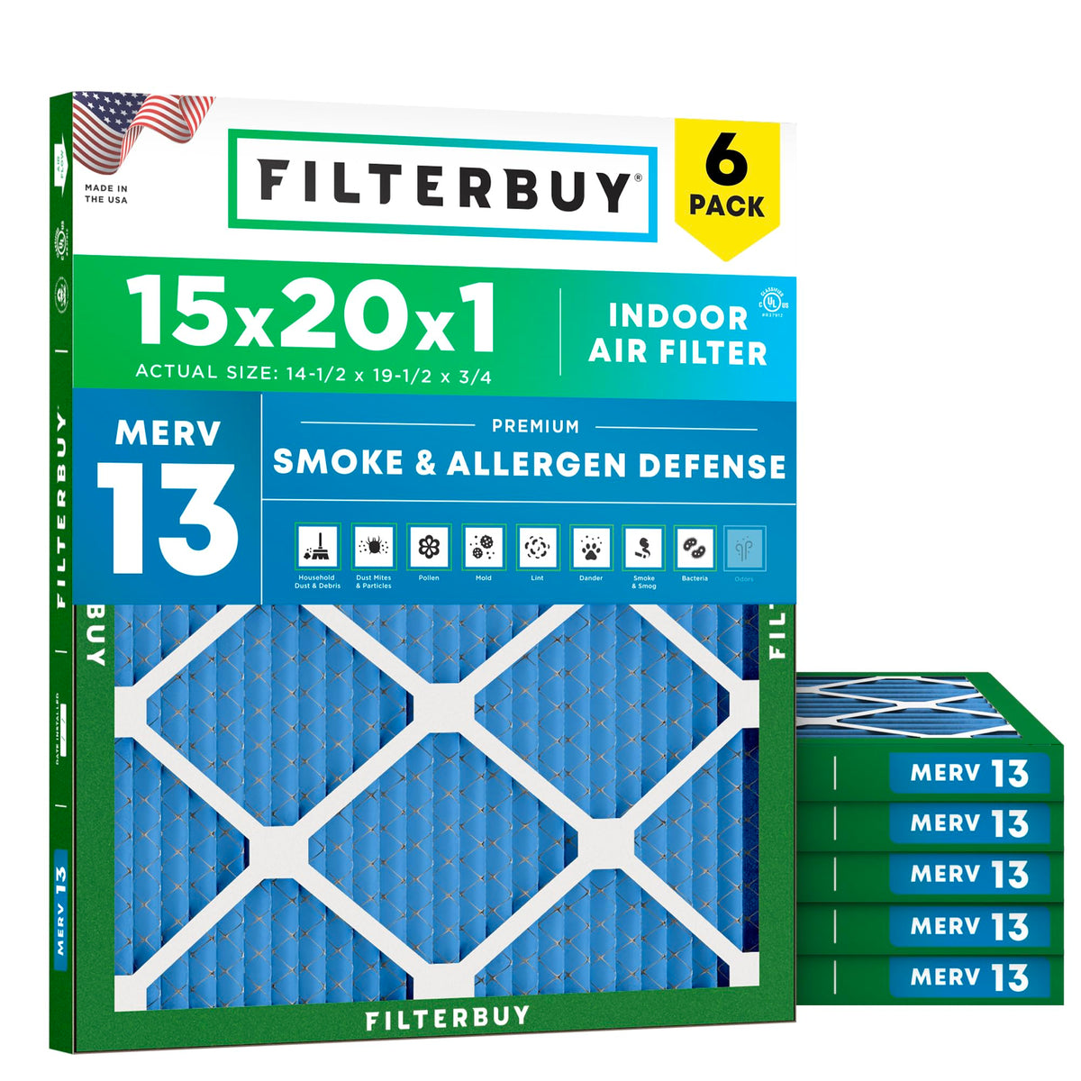 15x20x1 Air Filter MERV 13 Smoke & Allergy Defense (6-Pack)