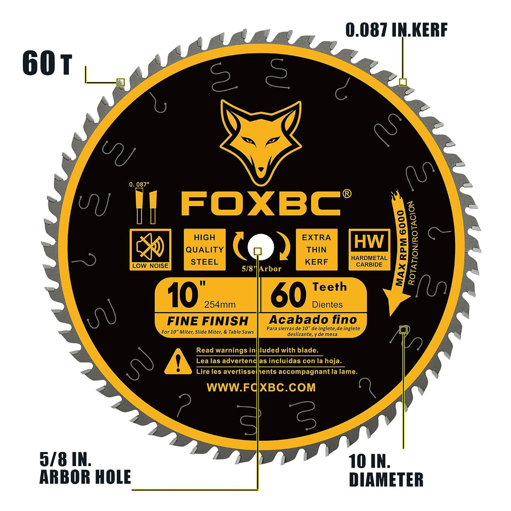10 Inch Thin Kerf Fine Finish Crosscut Table Saw Blade, 60-Tooth ATB, with 5/8-Inch Arbor