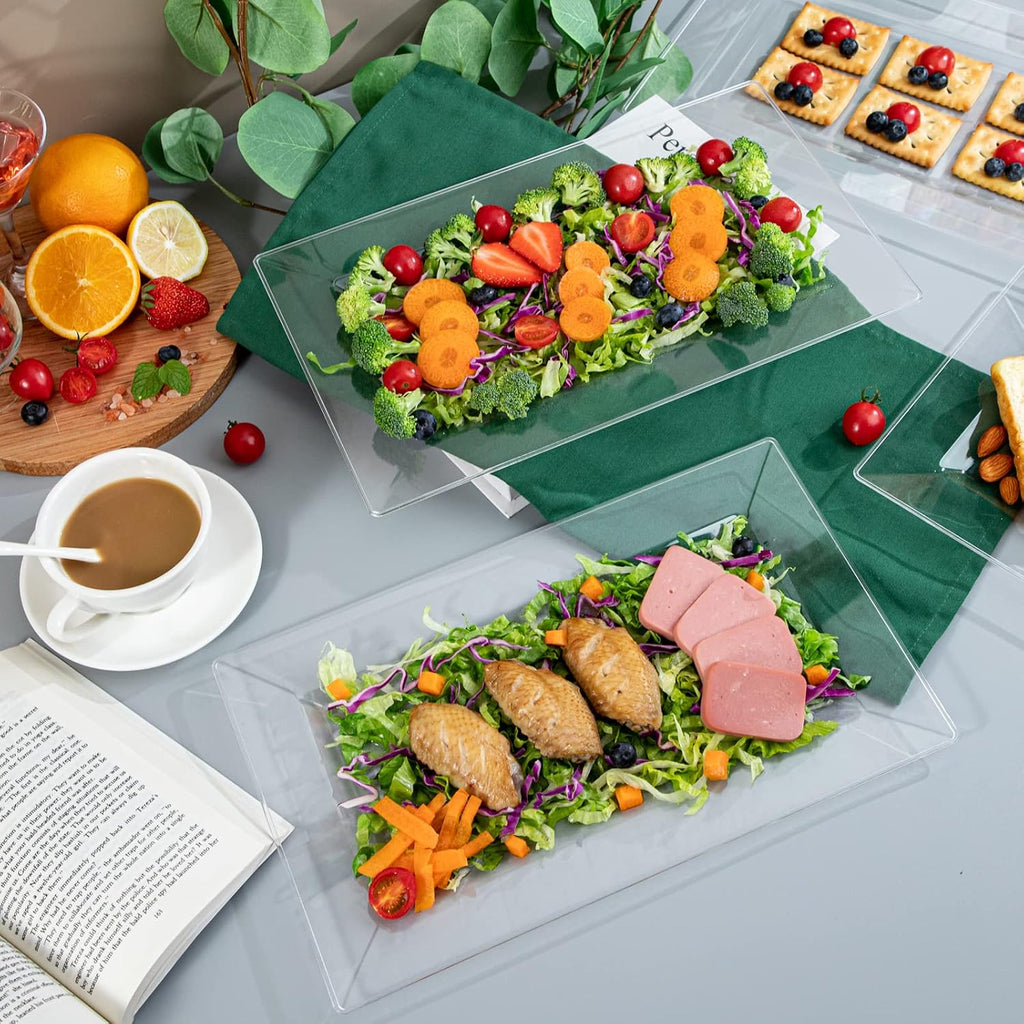 12 Pack Plastic Serving Trays, Heavy Duty Clear Plastic Serving Platters 13”×8” Rectangle Disposable Serving Platters