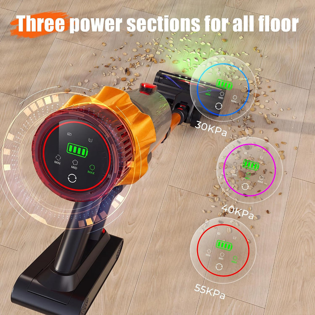 Cordless Vacuum Cleaner for Home, 55Kpa Suction, Up to 70-Min Runtime, Gold | 600W Bushless Motor, Self-Standing