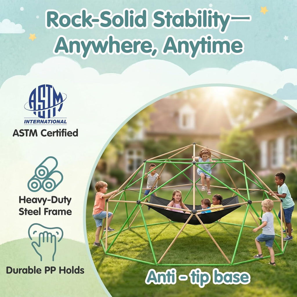 13FT Climbing Dome with Hammock and Swing, Outdoor Jungle Gym for Kids, Geometric Dome Climber Supporting 880 Lbs
