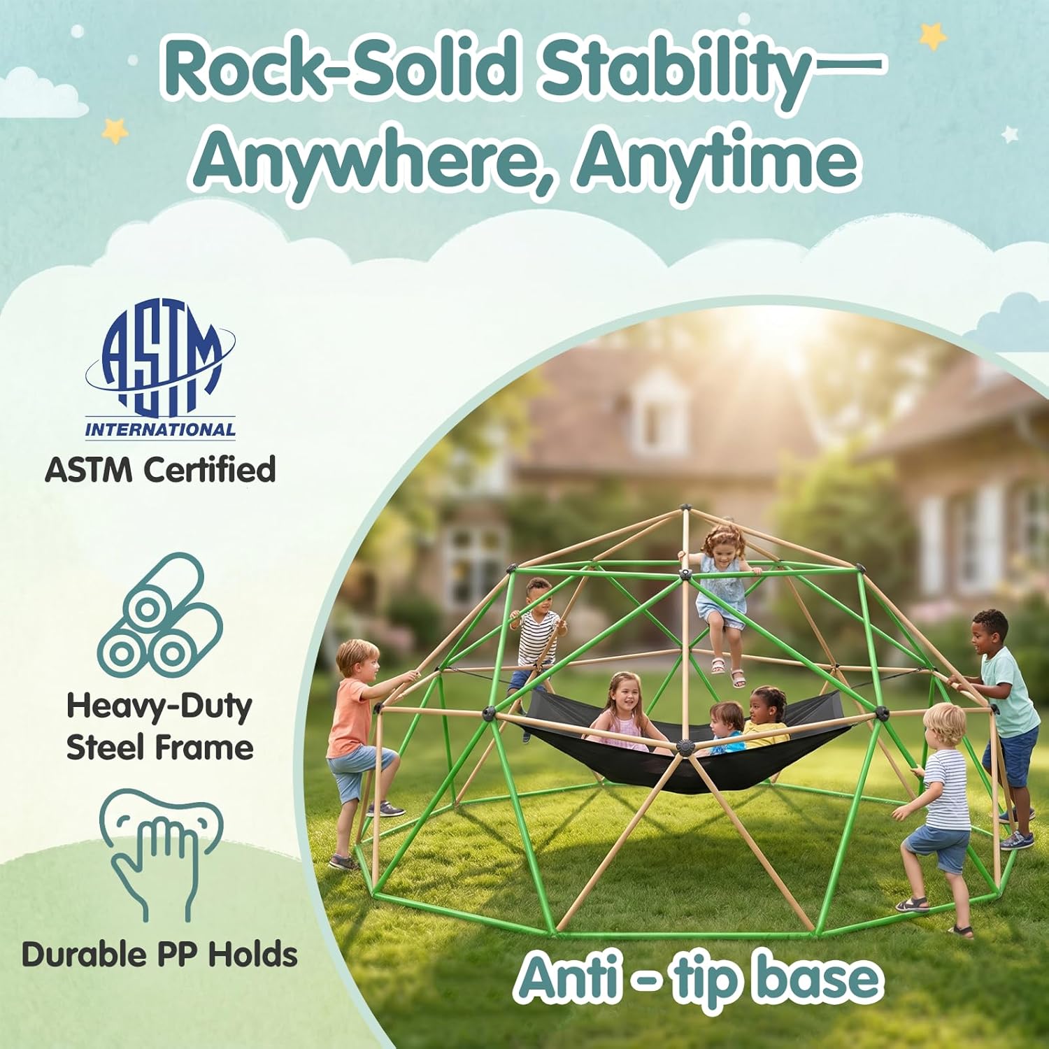 13FT Climbing Dome with Hammock and Swing, Outdoor Jungle Gym for Kids, Geometric Dome Climber Supporting 880 Lbs