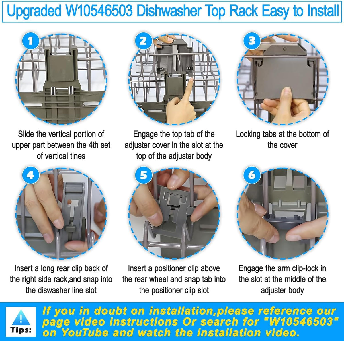 Upgraded WPW10546503 W10546503 Dishwasher Top Rack Adjuster & W10195372/3 For Kitchenaid Dishwasher Parts KDTE334GPS0 KDFE104HPS0 WPW10546503 Kitchen aid Dishwasher Parts Upper Rack,11Pack