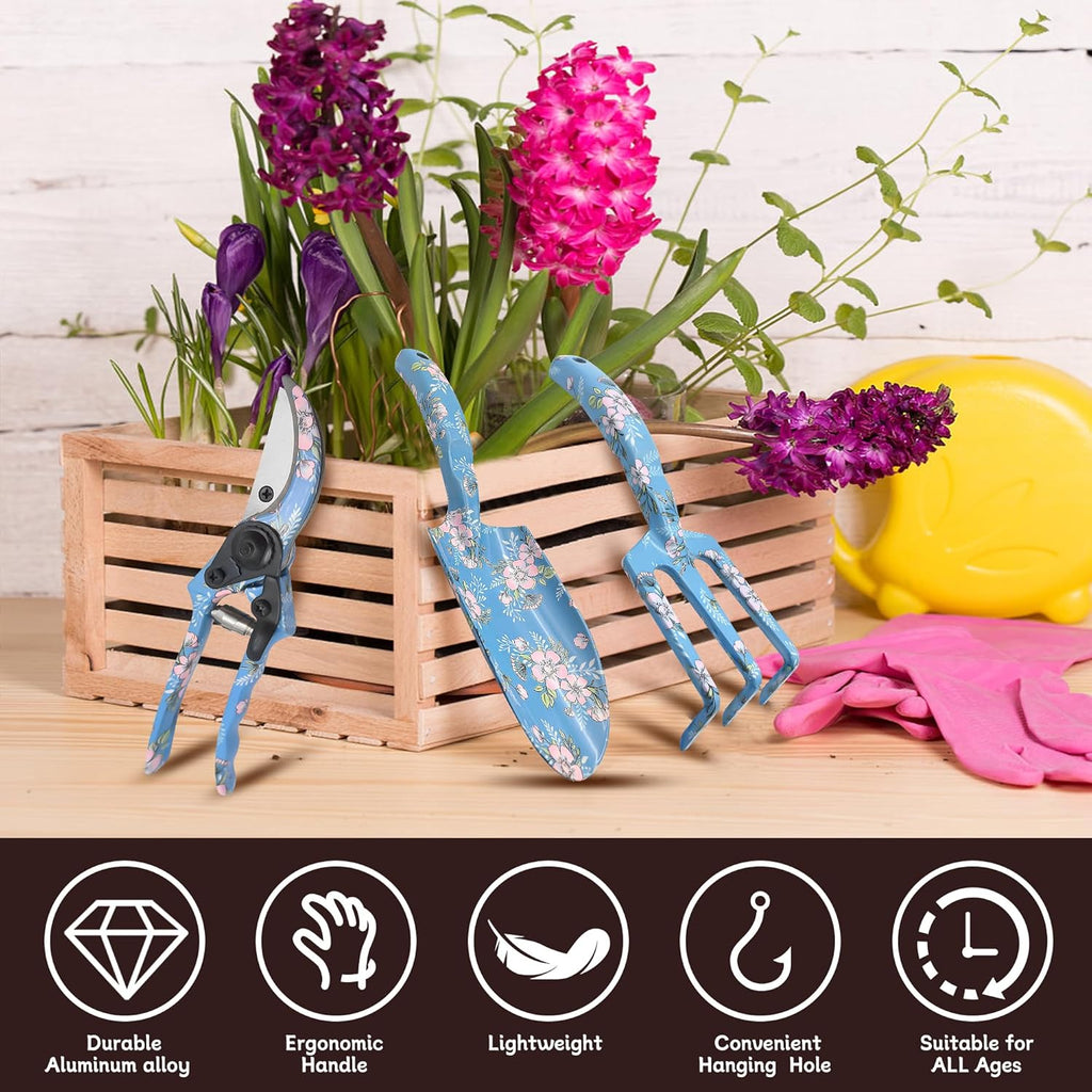 Garden Tool Set, 3 Piece Floral Gardening Tools for Women, Aluminum Gardening Hand Tools with Trowel, Hand Rake &