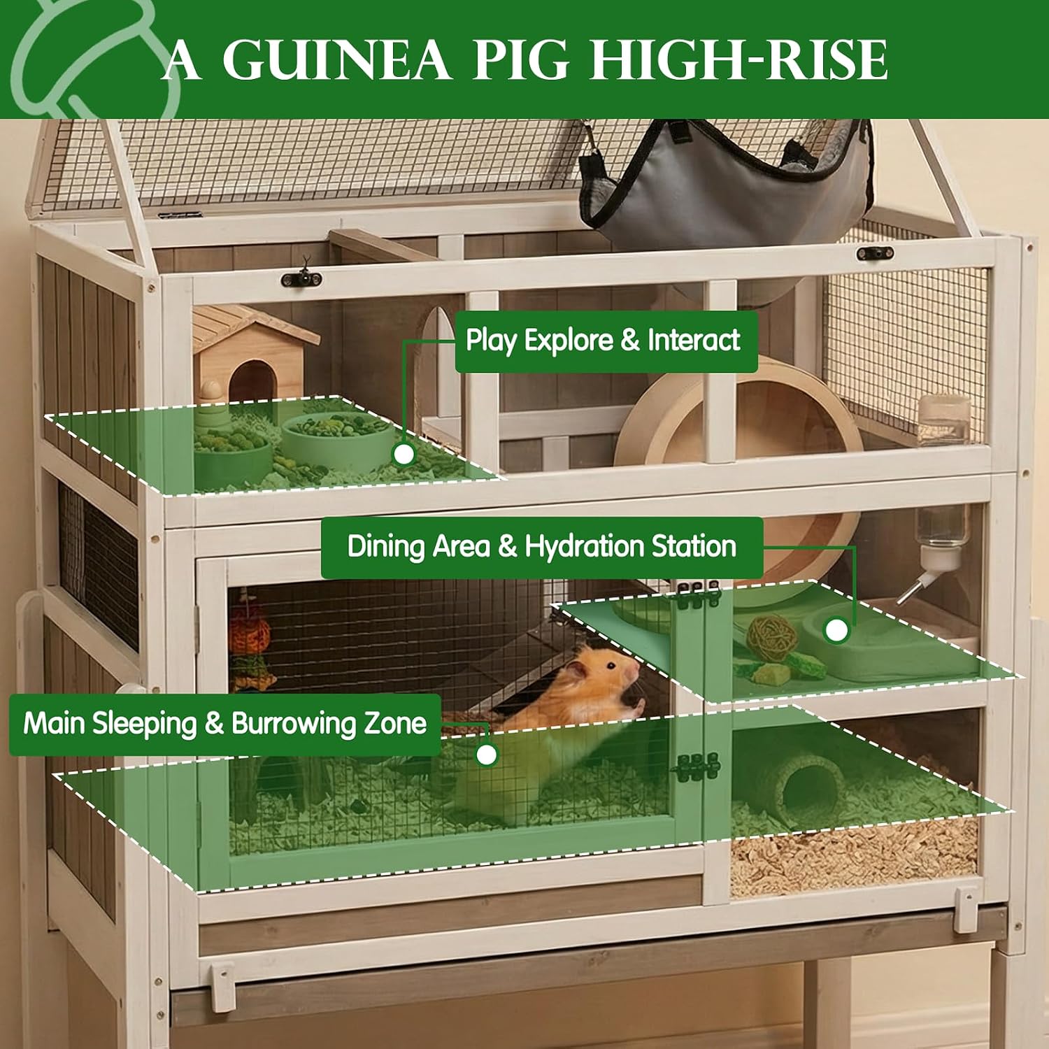 3-Story Guinea Pig Cage with Stand, Wooden Indoor Habitat | Chew-Resistant Edges, Pull-Out Cleaning Tray, Open Roof