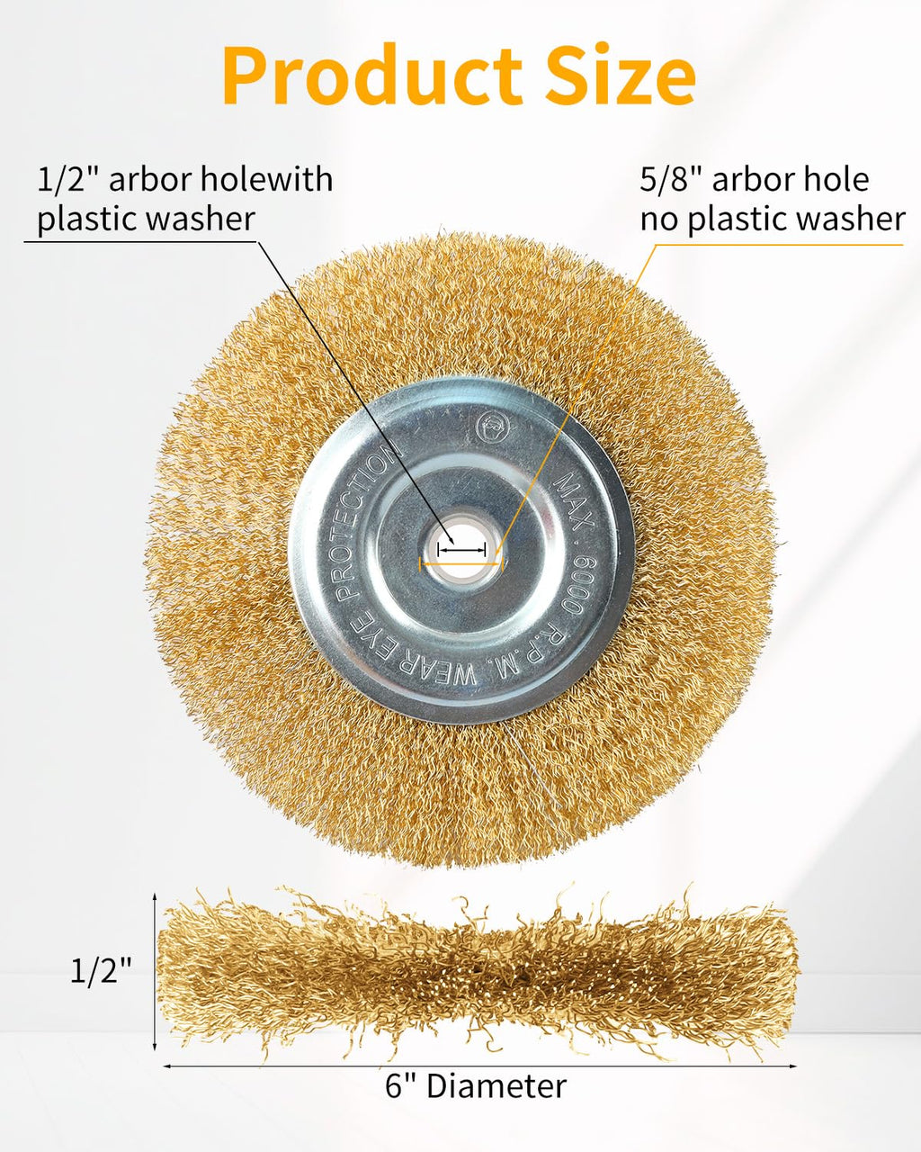 6" Wire Wheel for Bench Grinder, Fine Brush Wheel, 1/2"-5/8" Arbor