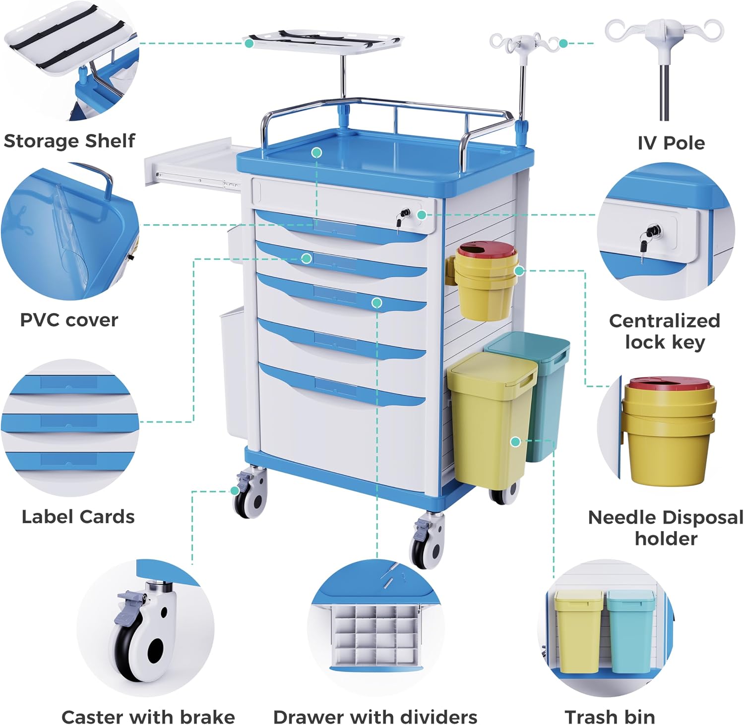 Medical Rolling Crash Cart with Wheels-CPR Board, IV Pole | O2 Holder, Trash Bin, Silent Casters,Drawers with