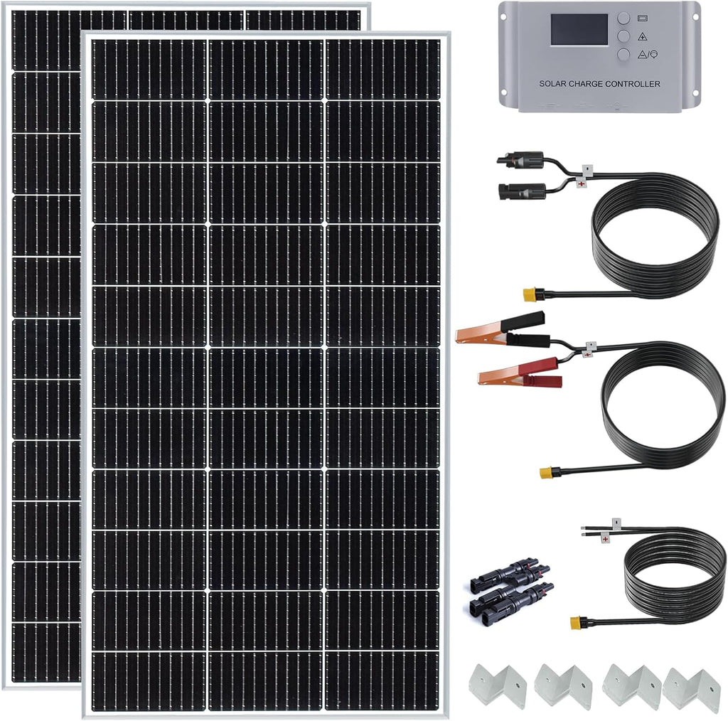 200 Watt 12Volt/24Volt Solar Panel Starter Kit | 2PCS 105W Monocrystalline Module 20A Charge Controller for RV